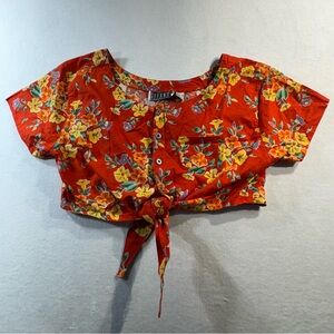 Vintage Gitano Tie Front Crop Top, Red Floral, Size L